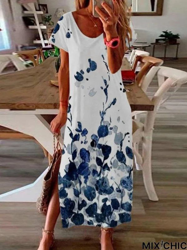 Printed Scoop Neckline Ombre/Tie-Dye Short Sleeve Casual Holiday Dresses