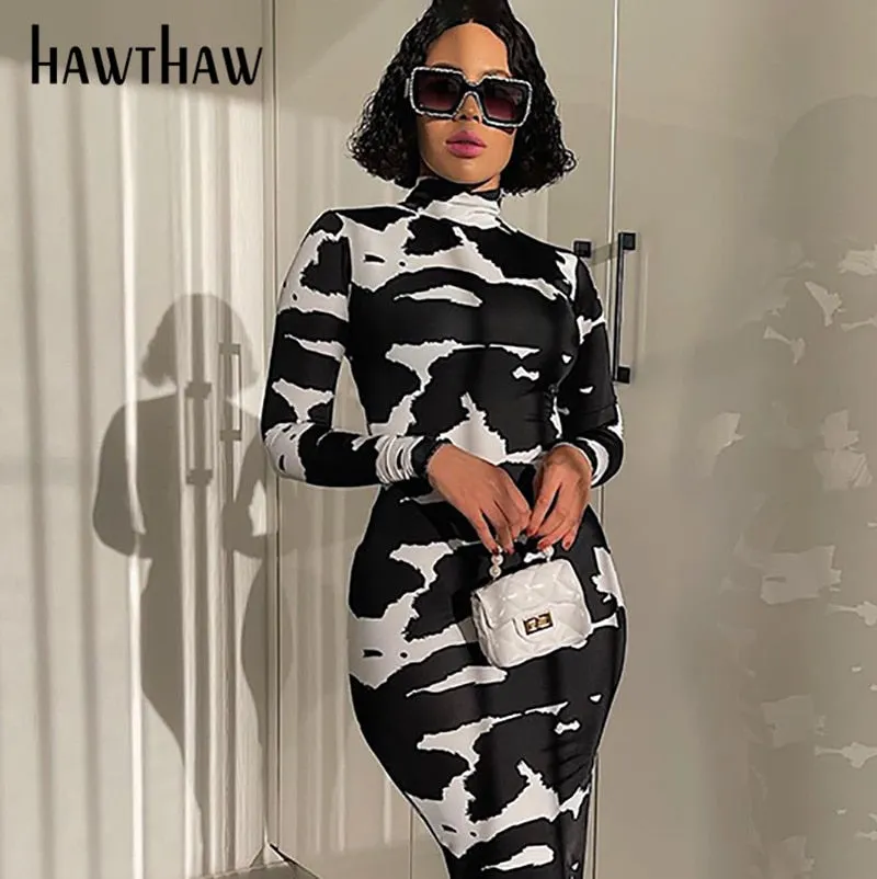 Hawthaw Women Fashion Autumn Long Sleeve Printed Bodycon Pencil Long Dress Streetwear 2021 Fall Clothes Wholesale Items