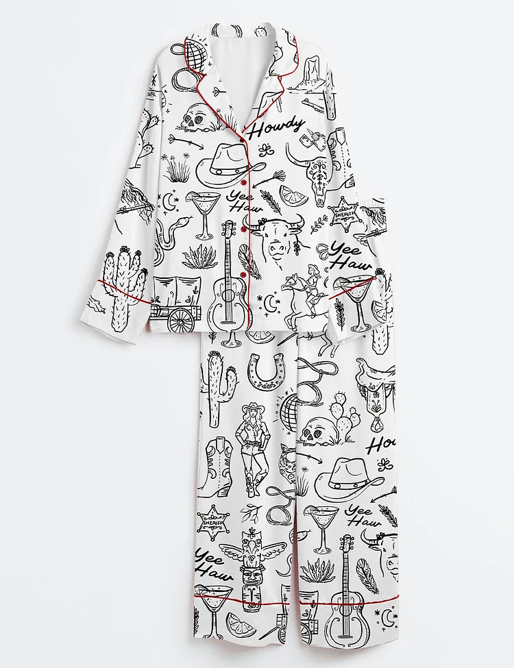 Women&rsquo;s Cowgirl Whimsical Style Hand Drawn Western Bachelorette Party Long Sleeve Satin Pajama Set