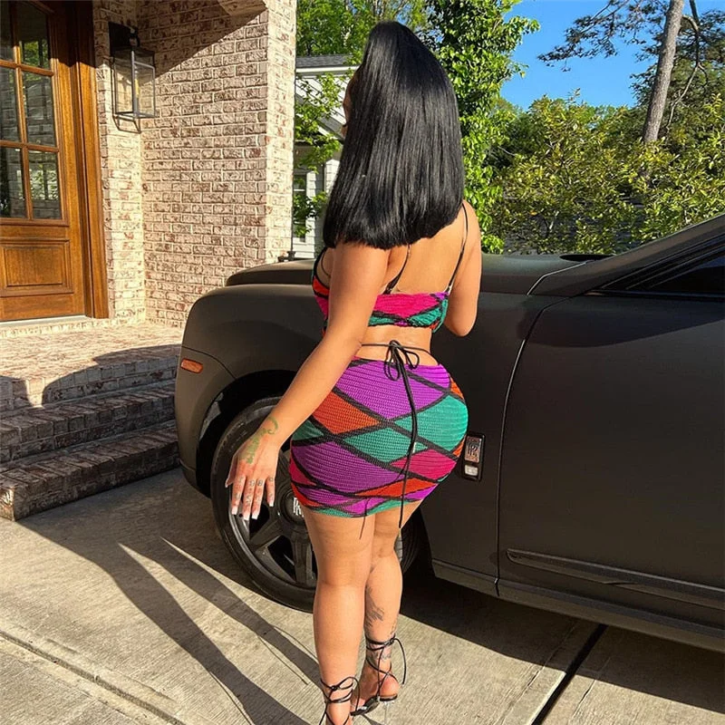 BIIKPIIK Elegant Net Backless Lace Up Short Dress Female Geometric Print Stitching Slim Vintage Dresses Women Sexy Beach Clothes