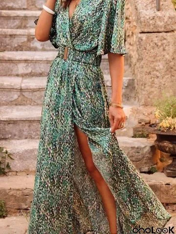 Women Fashion Elegant Tiny Flower Printing Flare Sleeve Wrap Maxi Slit Dress