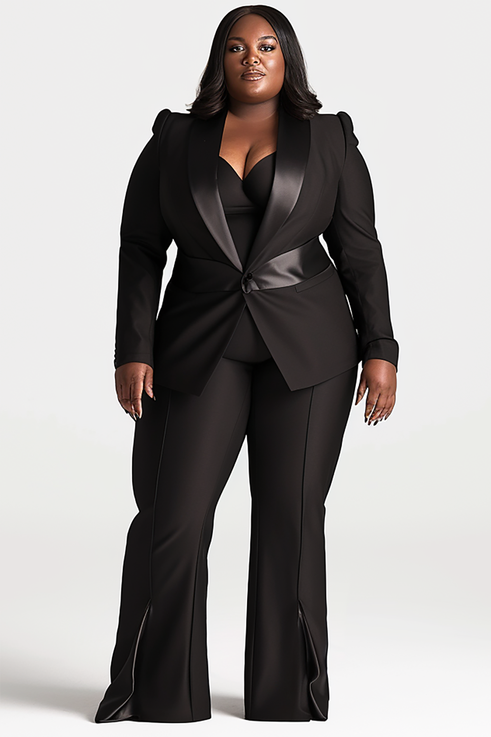 Design Plus Size Semi Formal Black Turndown Collar Long Sleeve Contrast Blazer Two Piece Pant Suits [Pre-Order]