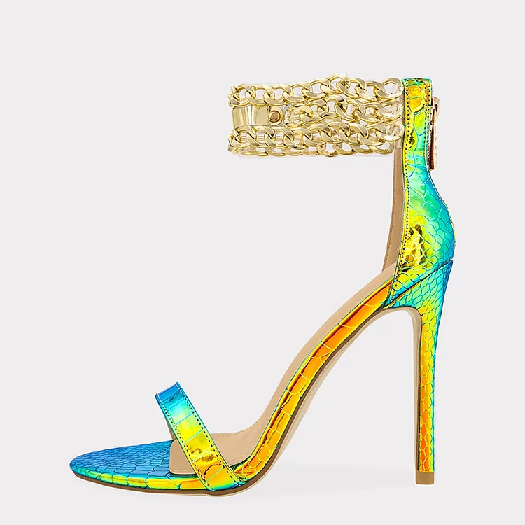 Snakeskin Metallic Chain Heels with Gradient Colors Vdcoo