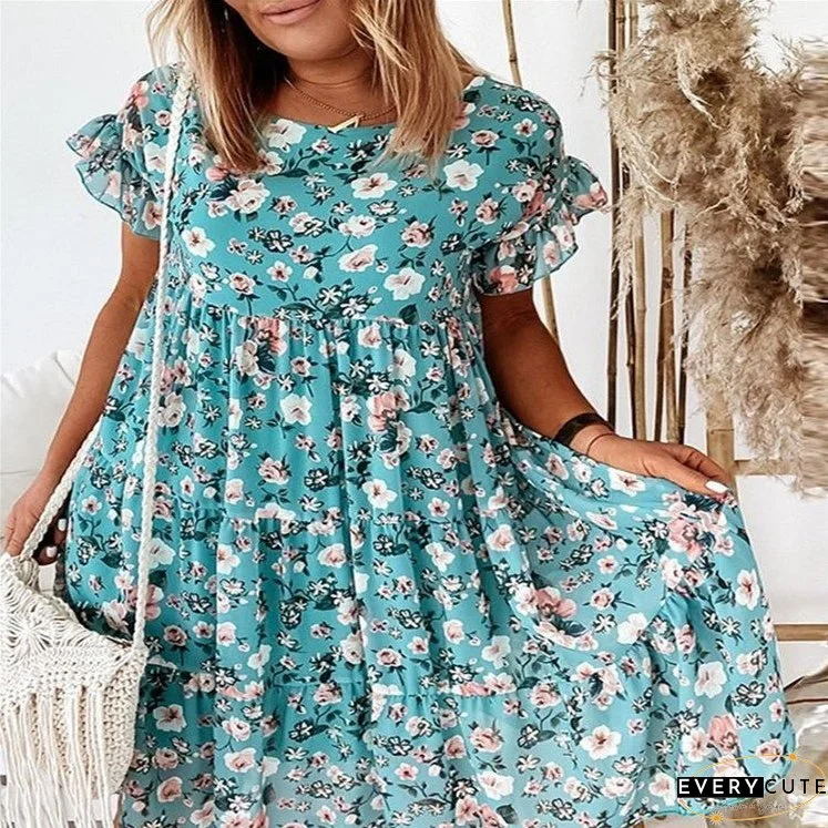 Round Neck Floral Print Sleeve Loose Shorts