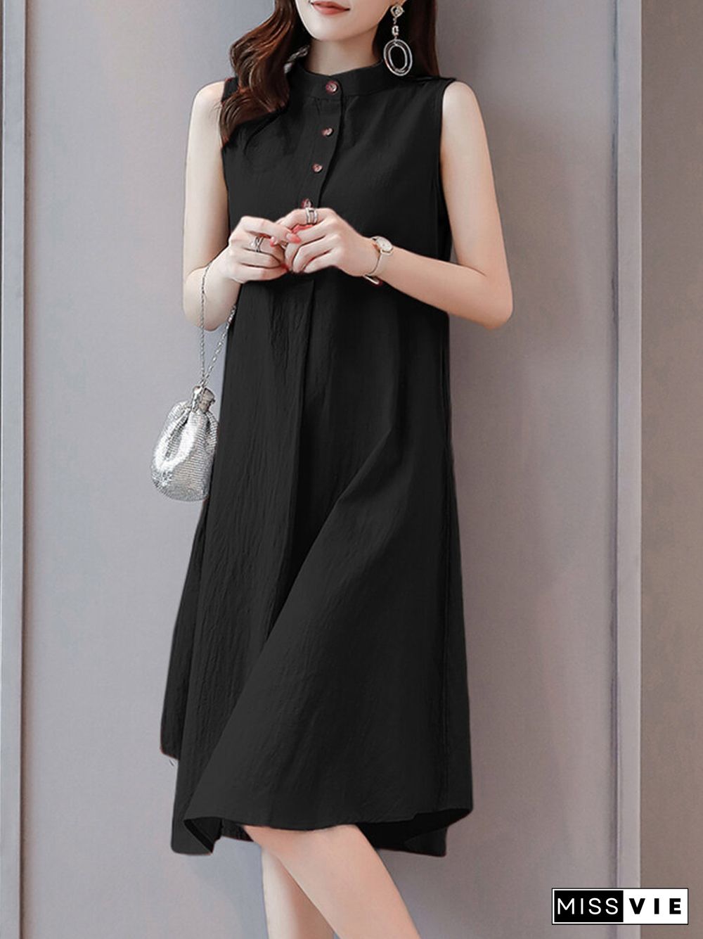 Solid Stand Collar Button Sleeveless Dress For Women