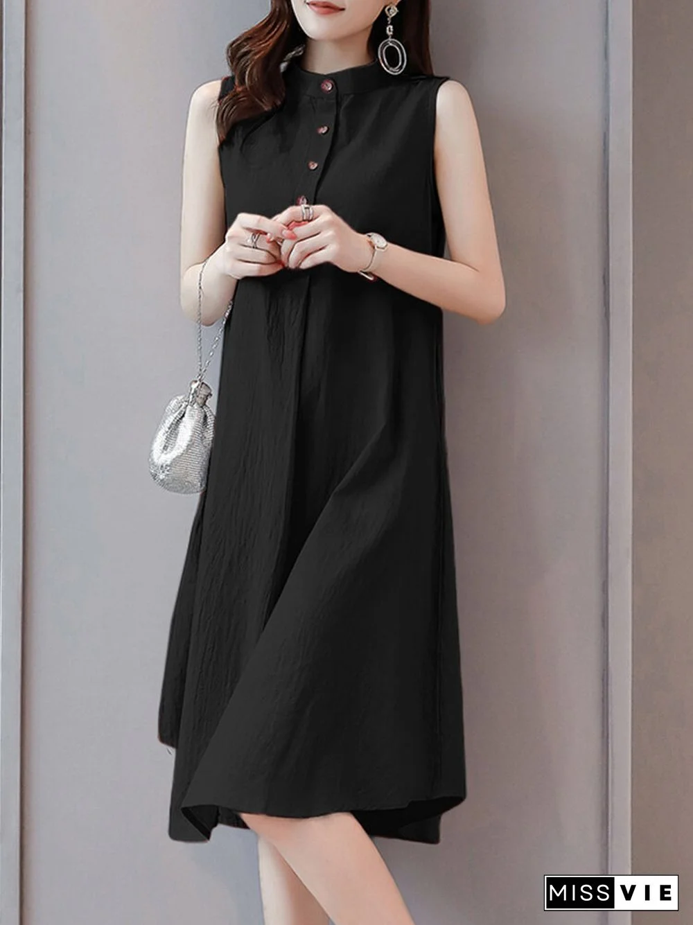 Solid Stand Collar Button Sleeveless Dress For Women