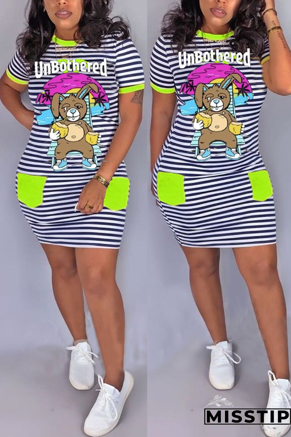 Fluorescent green Fashion Casual Printed Short Sleeve Dress