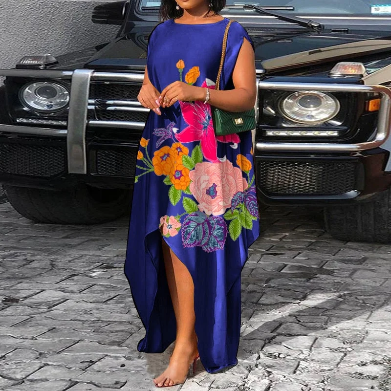 VONDA Bohemian Summer Maxi Dress 2022 Women Vintage Floral Print Satin Dresses Sexy Sleeveless Irregular Hem Vestidos Oversized