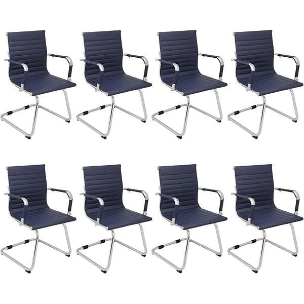 Conference Room Chairs Set of 4, 4 Pack Modern Office Guest Chairs for Waiting Room, Reception Chairs with Mid Back & Sled Base. 4 Black Leather/Silver Frame