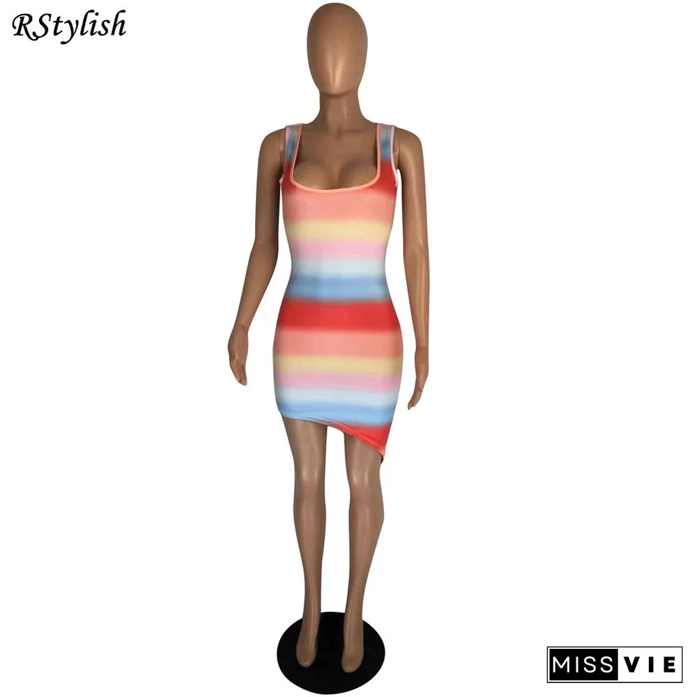 Women Vintage Rainbow Stripe Print Sleeveless Mini Dress