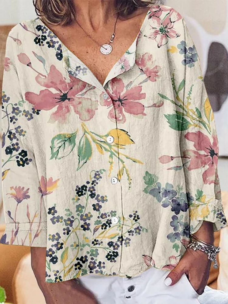 Comstylish Women's Botanical Floral Print Loose Cotton Linen Shirt