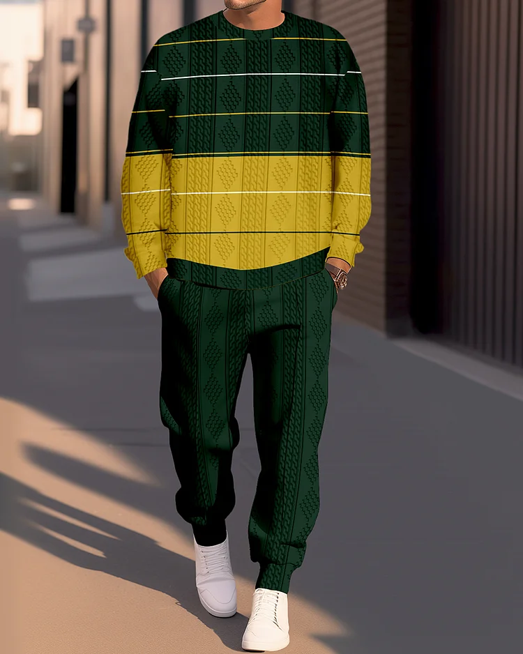 Men's Textured Jacquard Round Neck Casual Sports Set  020