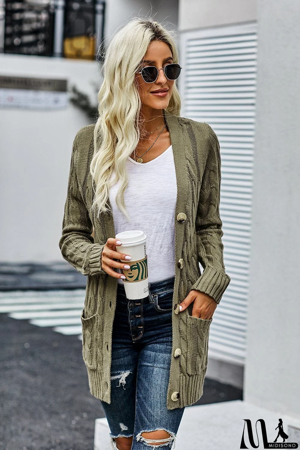 MidiSono - Women's Green Button Pocket Chunky Knit Cardigan