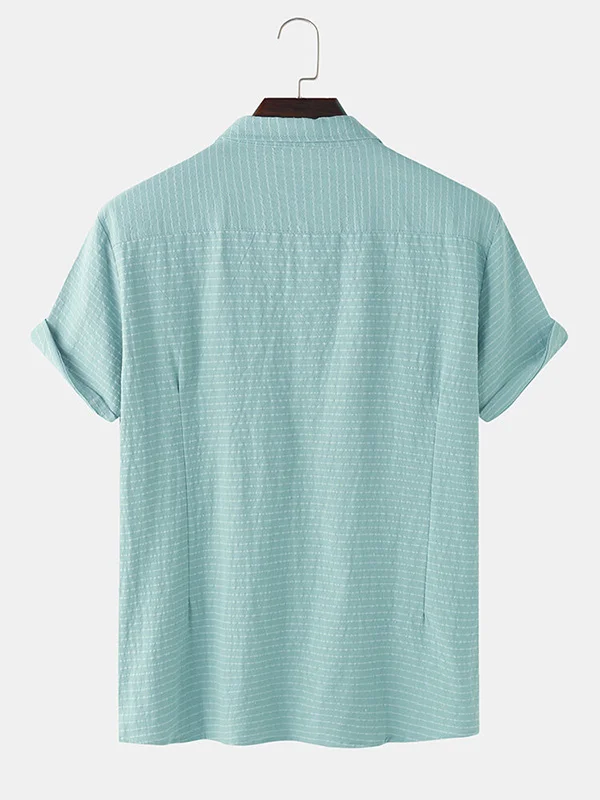 Seersucker Stripe Lapel Cotton Casual Short Sleeve Shirts