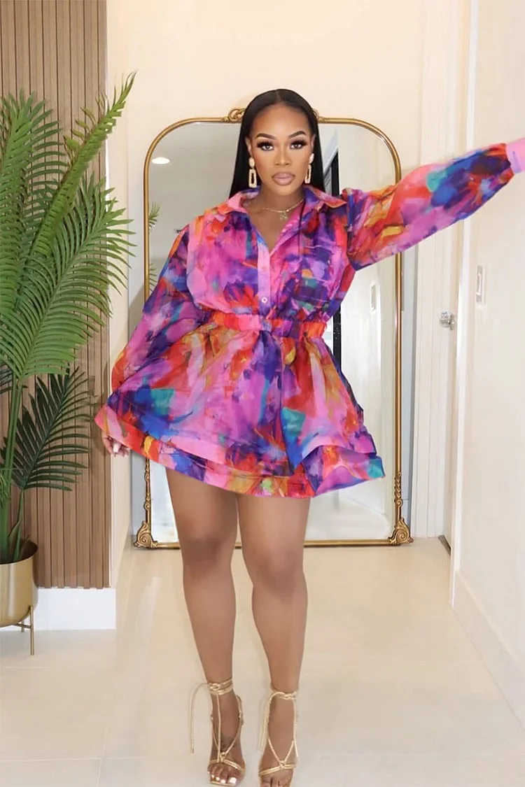 Long Sleeve Cinch Waist Print Tiered Mini Shirt Dresses-Pink [Pre Order]