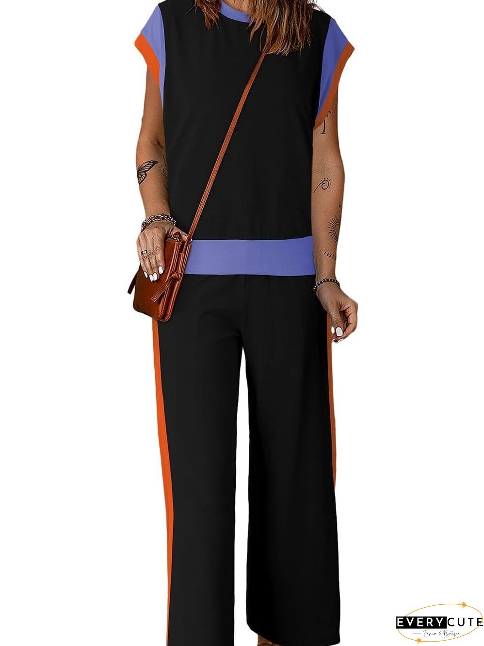Chic Black Color Block Two-Piece Set