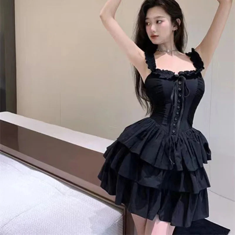 Aiertu Gothic Black Sexy Slip Dress Y2K Harajuku Streetwear Punk Lace Up Cake Dress Female Summer Korean Fashion Party Ruffles Dresses Aiertu