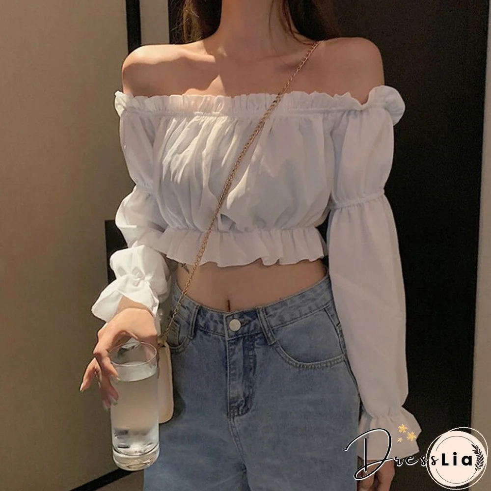 Women Top Sexy Blouse Off Shoulder Top Long Sleeve Solid Color White Shirt Puff Sleeve Ruffle Tunic Crop Top Summer Tube Top