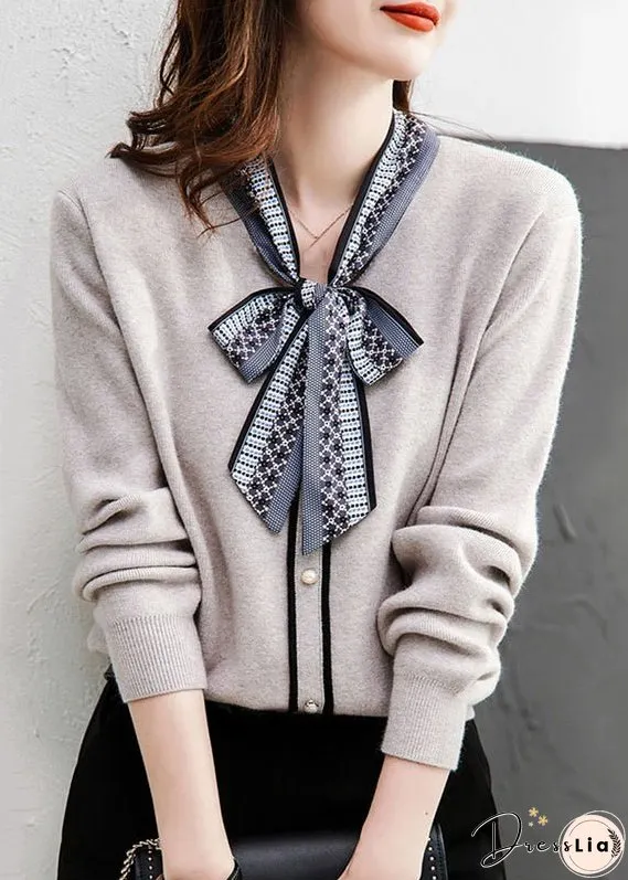 Women Grey Lace Up Button Patchwork Knit Sweaters Long Sleeve