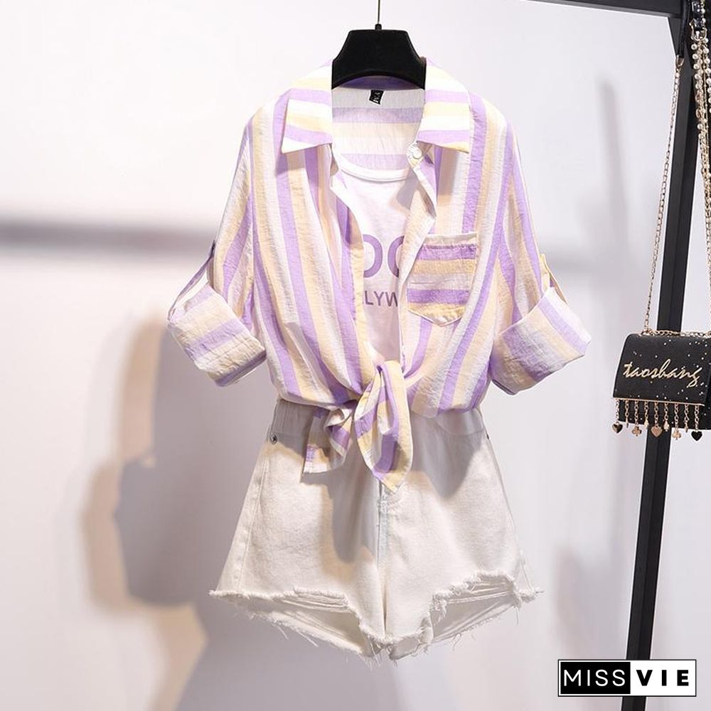 Stripe Blouse+Hole Denim Shorts P15521
