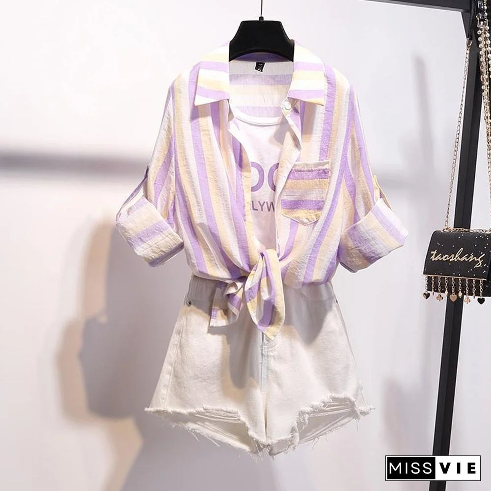 Stripe Blouse+Hole Denim Shorts P15521