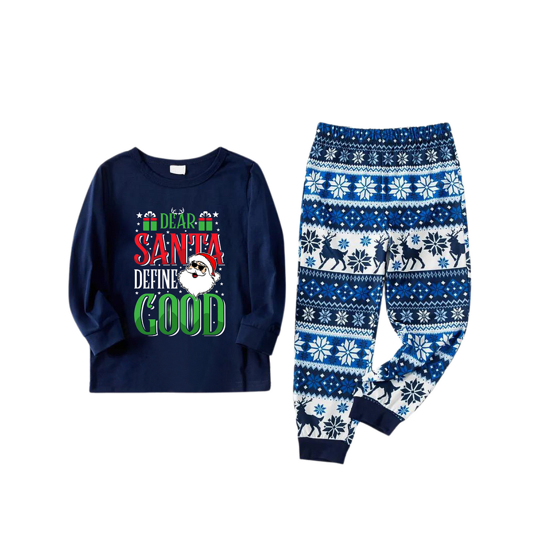 "Dear Santa Define Good" Slogan Printed Blue Family Christmas Matching Pajamas