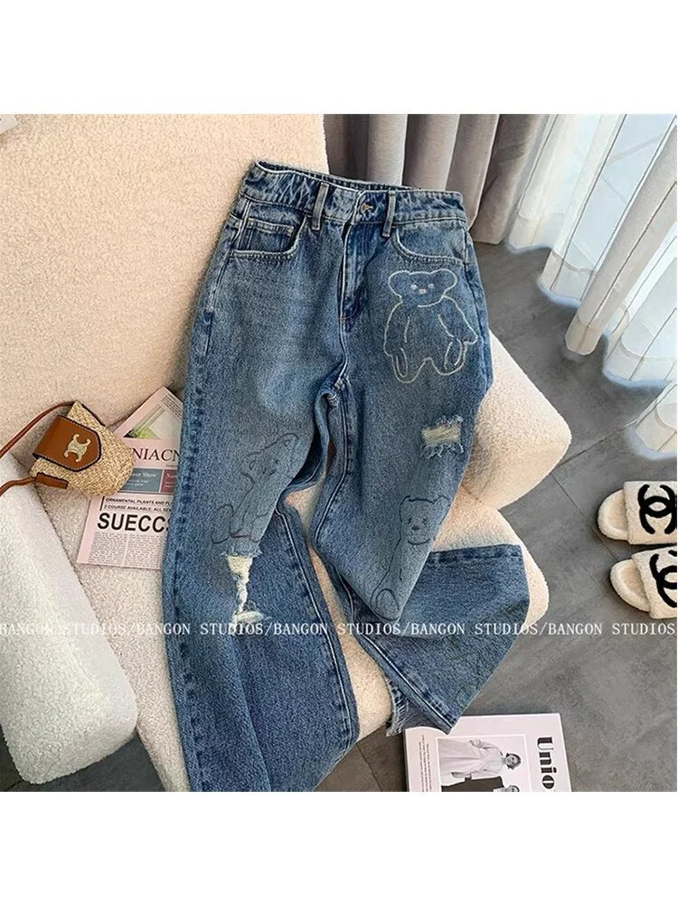 Cartoon Bear Print Straight Loose Jeans Women Retro High Street Oversize Casual Denim Trousers Harajuku High Waist Jean Pants