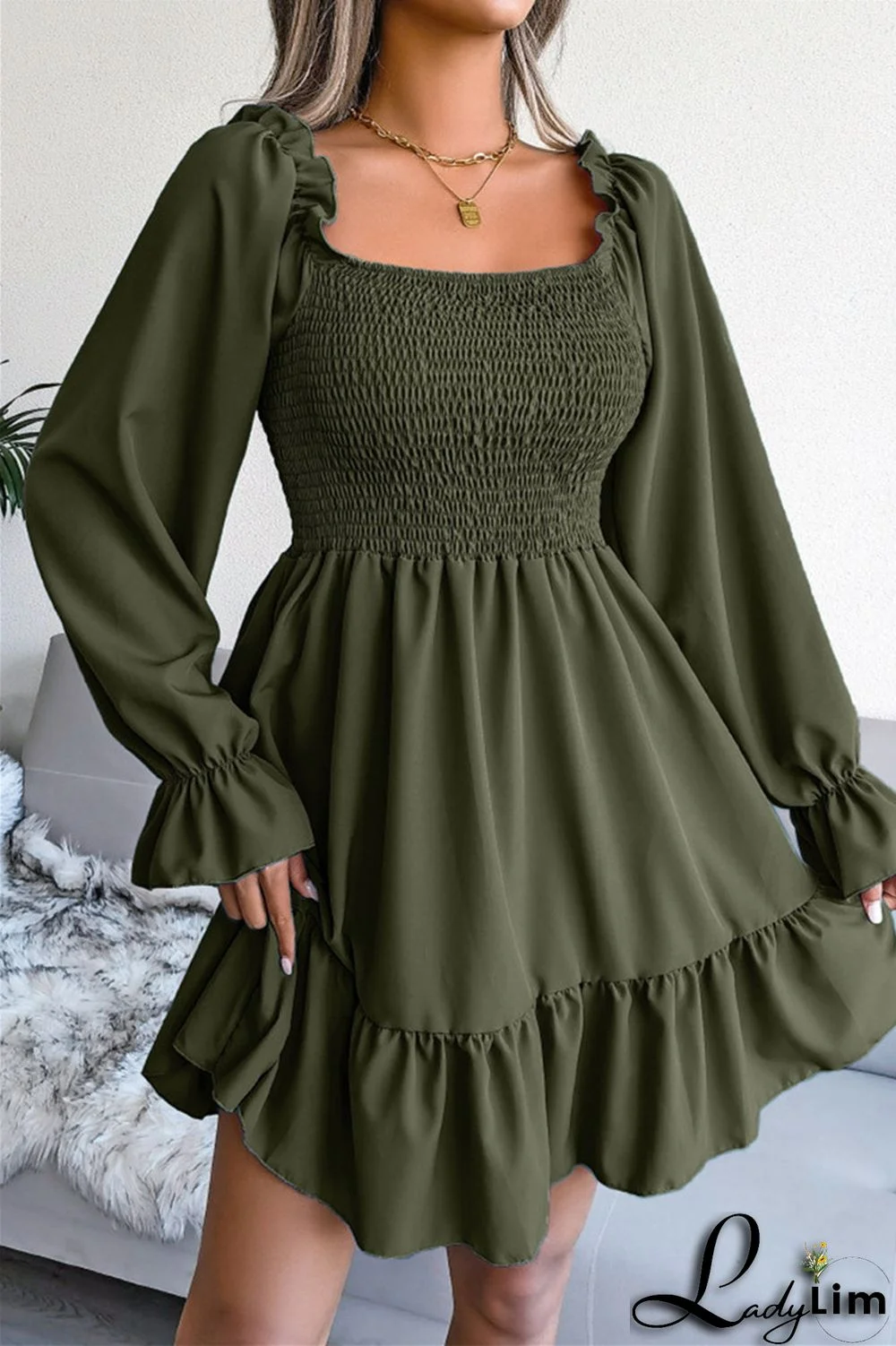 Burgundy Fashion Casual Solid Patchwork Square Collar Long Sleeve Dresses