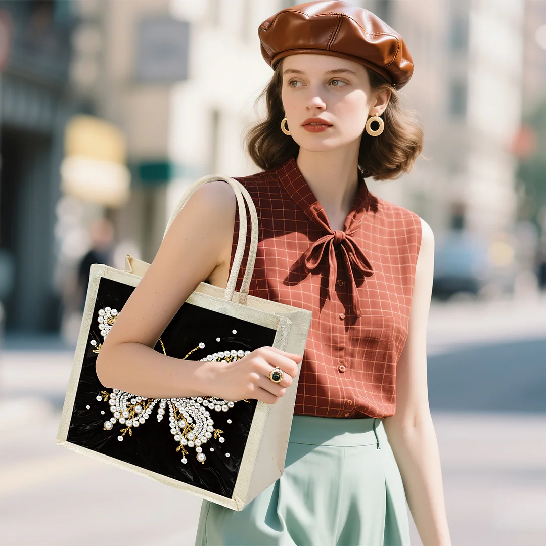 Pearl Butterfly DIY Diamond Painting Shopping Bag Crystal Painting Linen Tote Bags Waterproof Multi-Pocket Diamond Tote Handbag Large Capacity for Adults Beginners