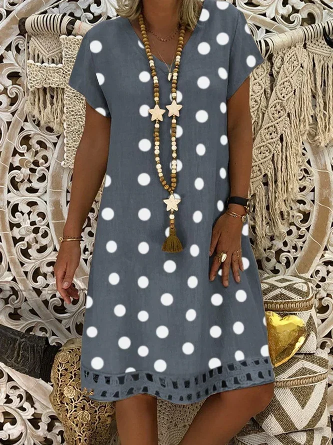 Women's V-Neck Short Sleeve Polka Dot Hollow Casual beach dresses