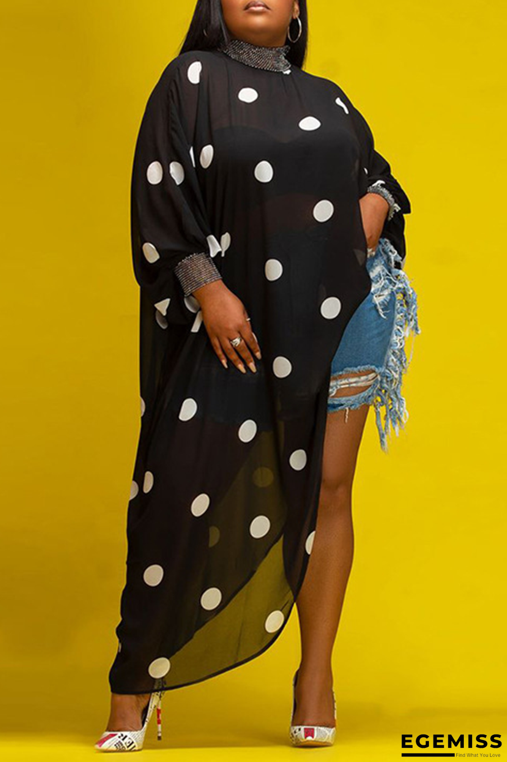 Black Casual Dot Patchwork Half A Turtleneck Plus Size Dresses | EGEMISS