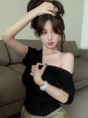 Ejiekang Y2k Aesthetic Irregular 2025 Summer Skew Collar T-shirts Off Shoulder Casual Slim Crop Tops Woemn Elegant Sexy Short Sleeve Tees