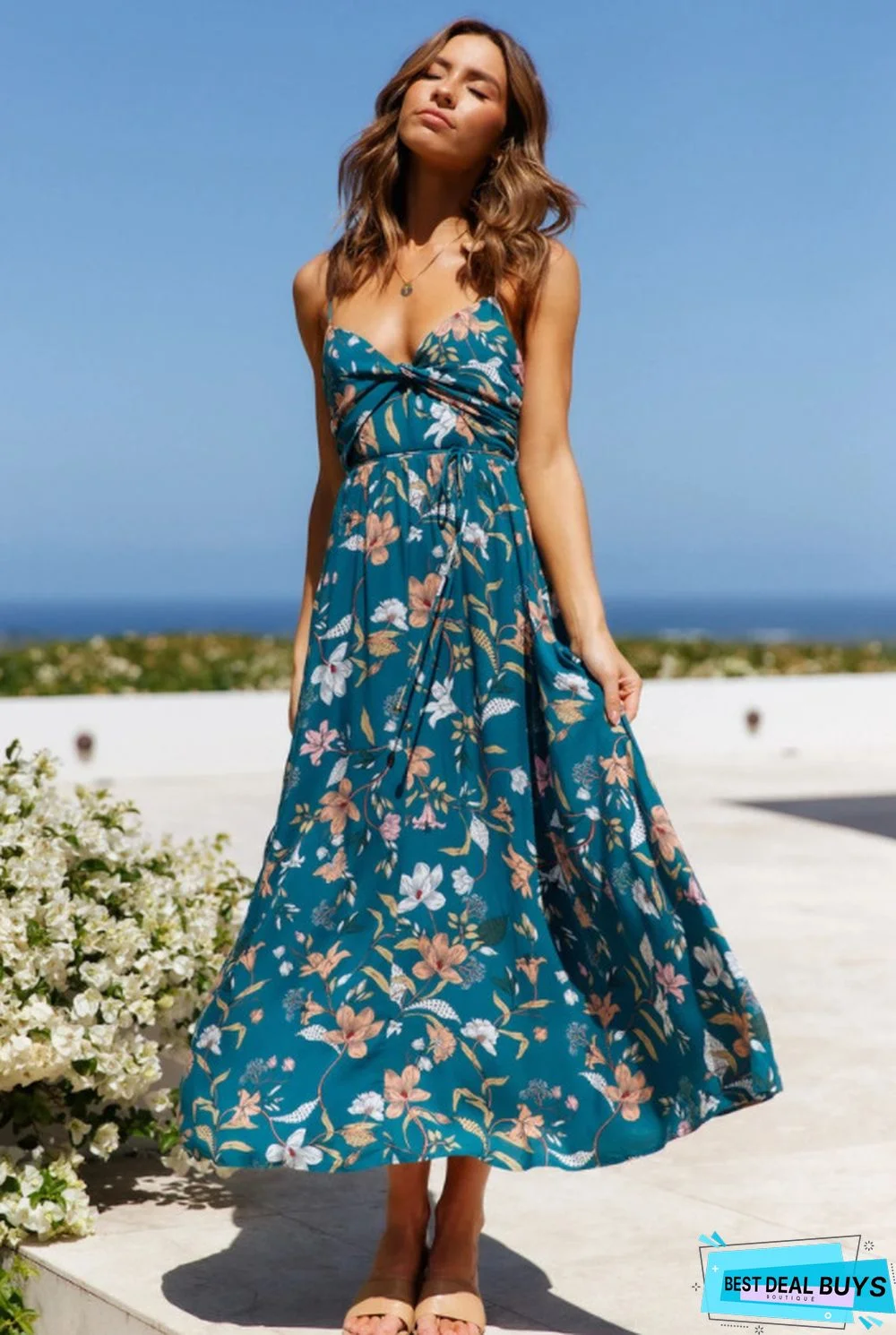 V-Neck Sling Printed Bohemian Beach Dress