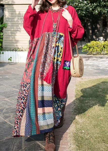 Handmade o neck patchwork cotton linen clothes Neckline red Dresses spring