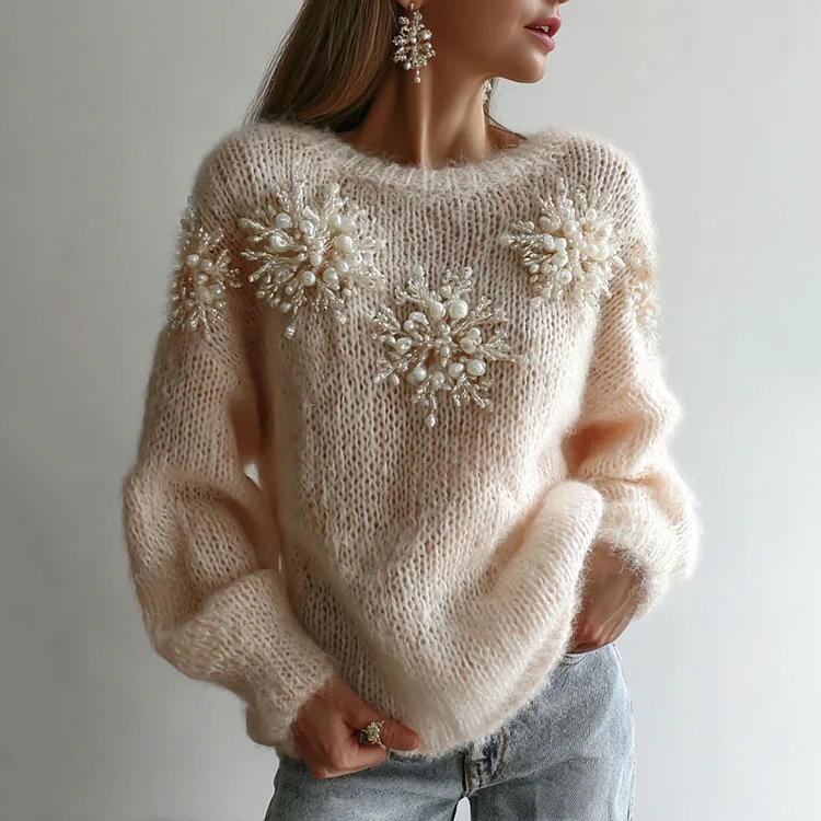 Women's White Christmas Decorations Snoeflake Art Crew Neck Sweater