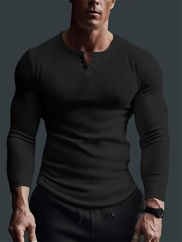 Men's Long Sleeve Tops Fitness High Stretch Bottom Shirt Men's Staple Button V-Neck Solid Color Large Size Casual T-Shirt-Cosfine