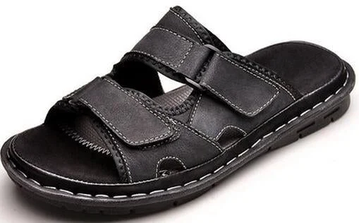Men Cow Genuine Leather Sandals Slides Slippers Flats Summer Beach Shoes | EGEMISS