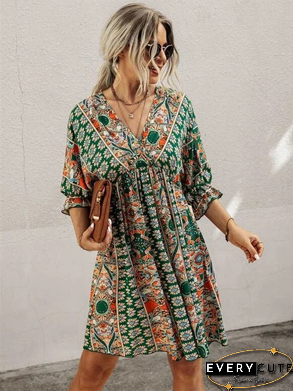V-neck Waist Print Dress Print Dresses
