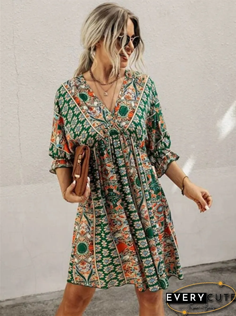 V-neck Waist Print Dress Print Dresses
