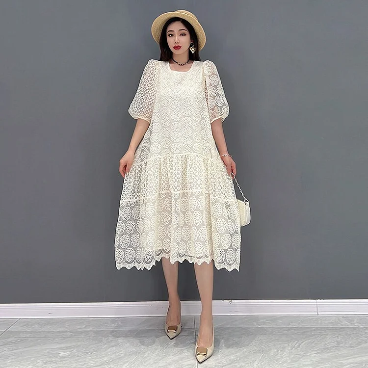 Temperament Solid Color Square Collar Mesh Lace Short Sleeve Dress