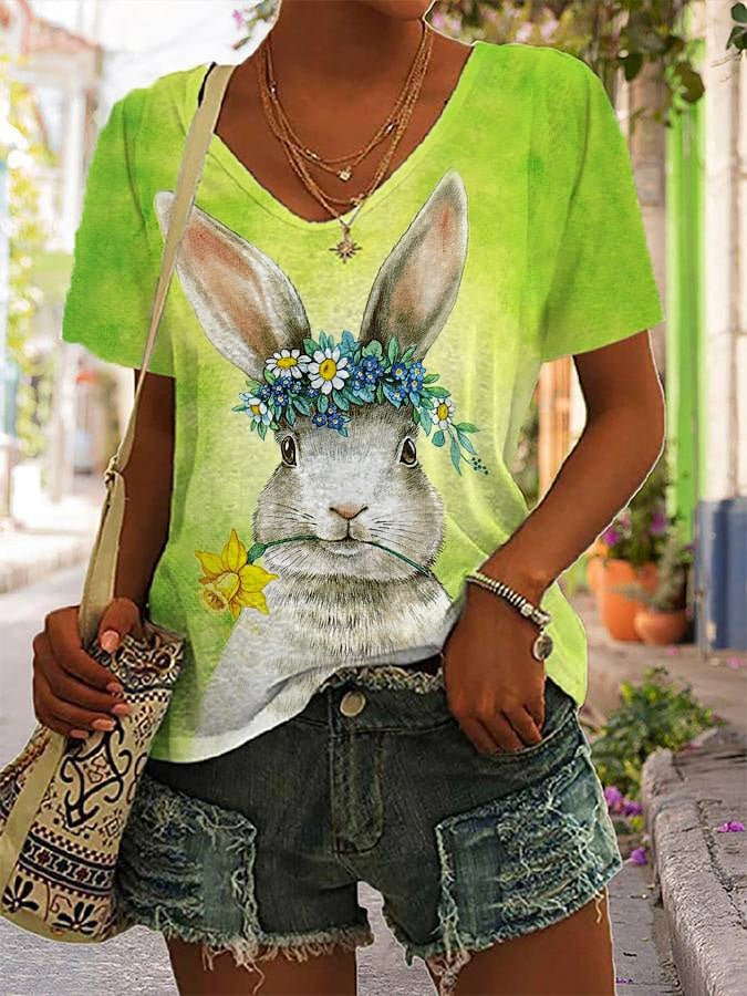 Women's Easter Bunny Print Casual V-Neck Tee