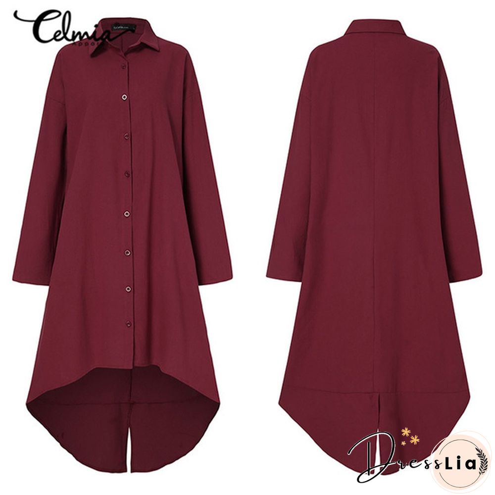 Celmia Women Cotton Long Sleeve Shirt Dress Fashion Irregular Split Hem Party Long Dress Vestidos Plus Size