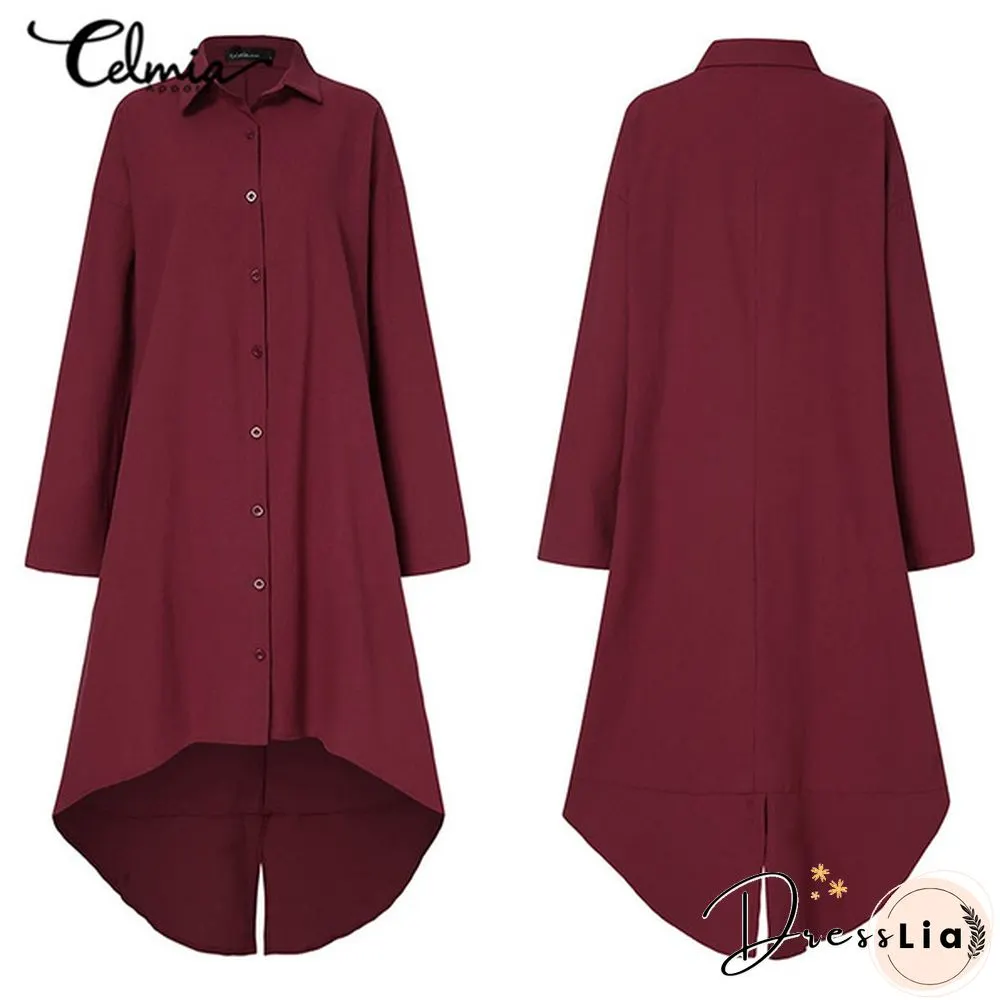 Celmia Women Cotton Long Sleeve Shirt Dress Fashion Irregular Split Hem Party Long Dress Vestidos Plus Size