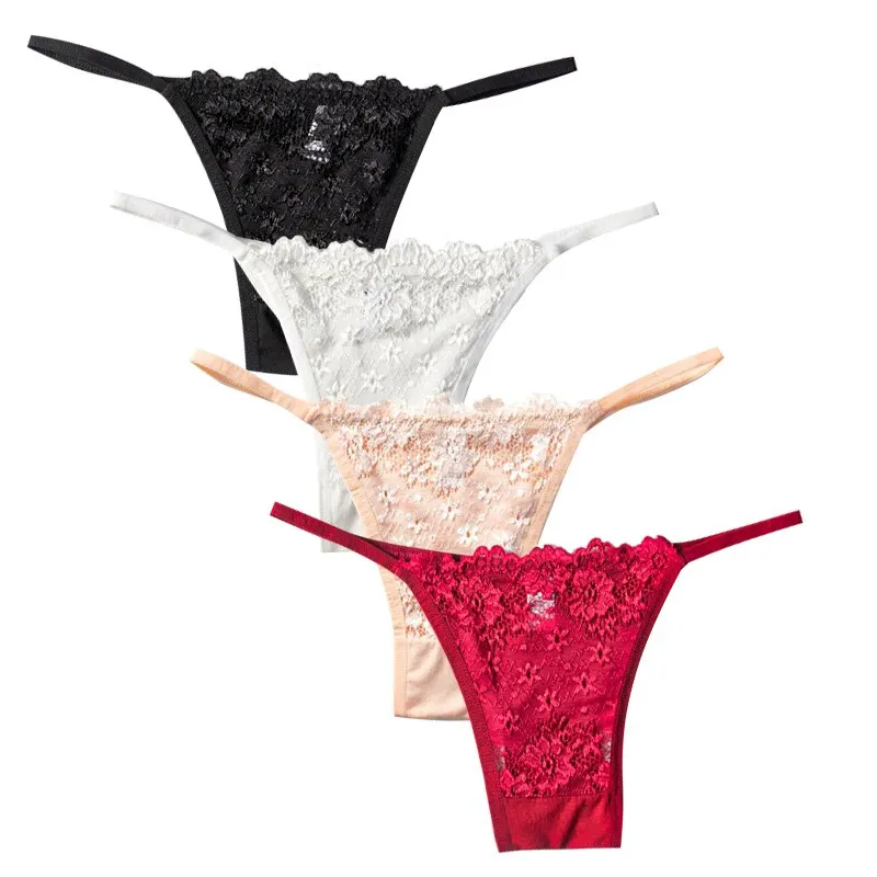 4Pcs Cotton Thongs Women Sexy G-string Panties Girl Underpants Low-rise Lace T-back Underwear Female Lingerie