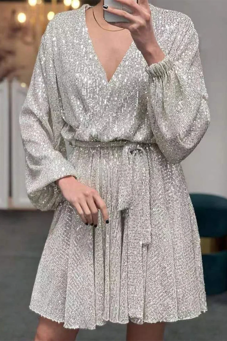 Elegant Solid Sequins V Neck A Line Dresses