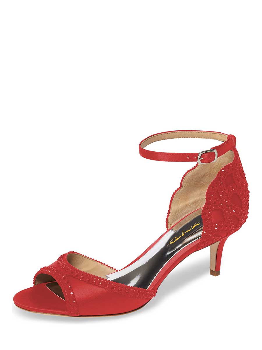 Red Satin Rhinestone Sandals Open Toe Ankle Strap Kitten Heels