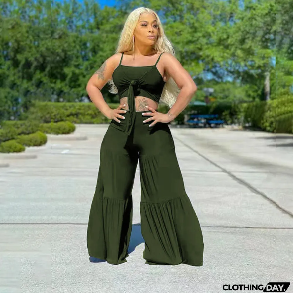 Plus Size Casual Solid Color Sling Top Loose Pants 2 Piece Sets