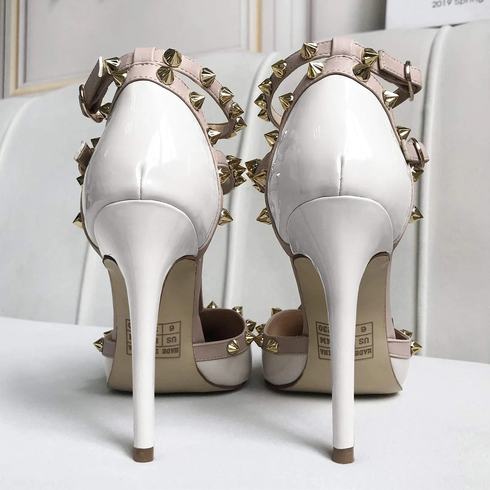 100mm Women's Pointed Toe Heels Studded Double Ankle Strap Sandals-vocosishoes