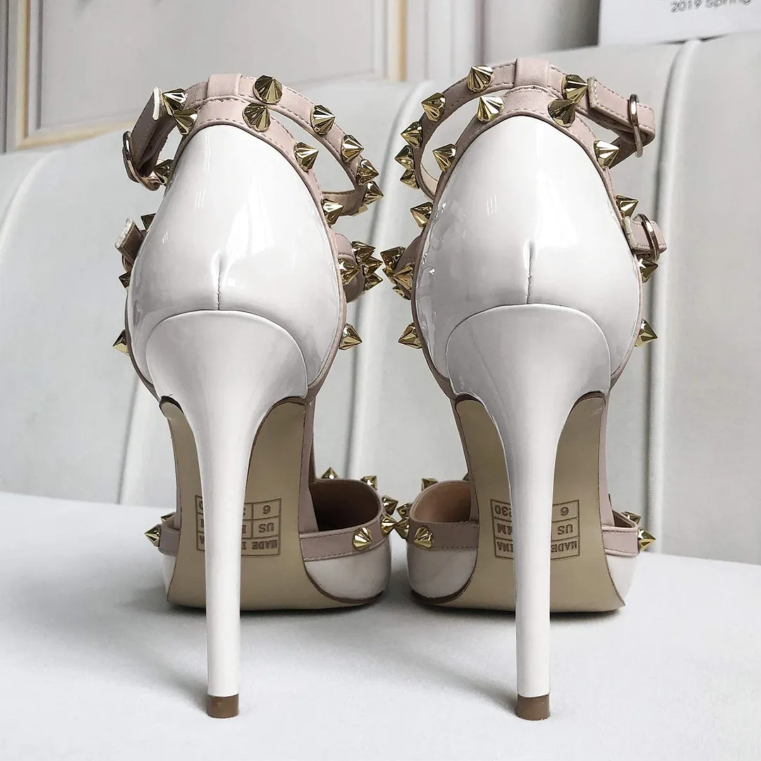 100mm Women's Pointed Toe Heels Studded Double Ankle Strap Sandals-vocosishoes
