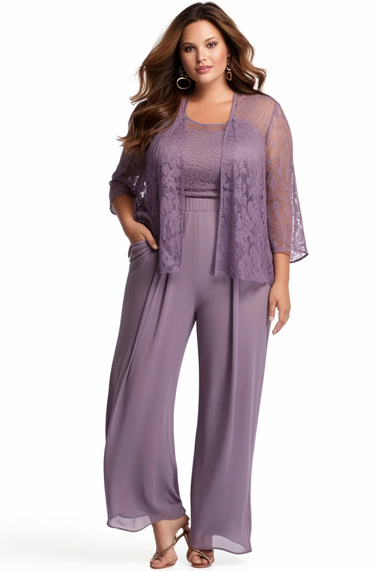 Flycurvy Plus Size Mother Of The Bride Purple See-through Lace With Pockets Three Piece Pant Suit With Jacket  Flycurvy [product_label]